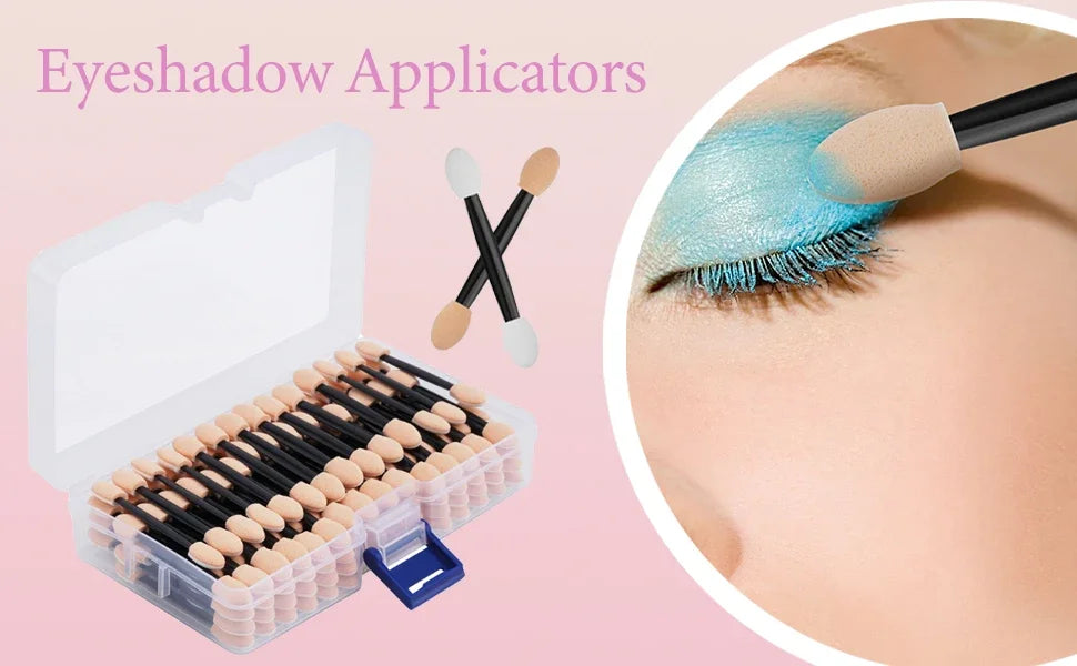 Cuttte 50/100PCS Disposable Dual Sides Eye Shadow Sponge Applicators with Container,  Length Eyeshadow Brushes Makeup Applicator
