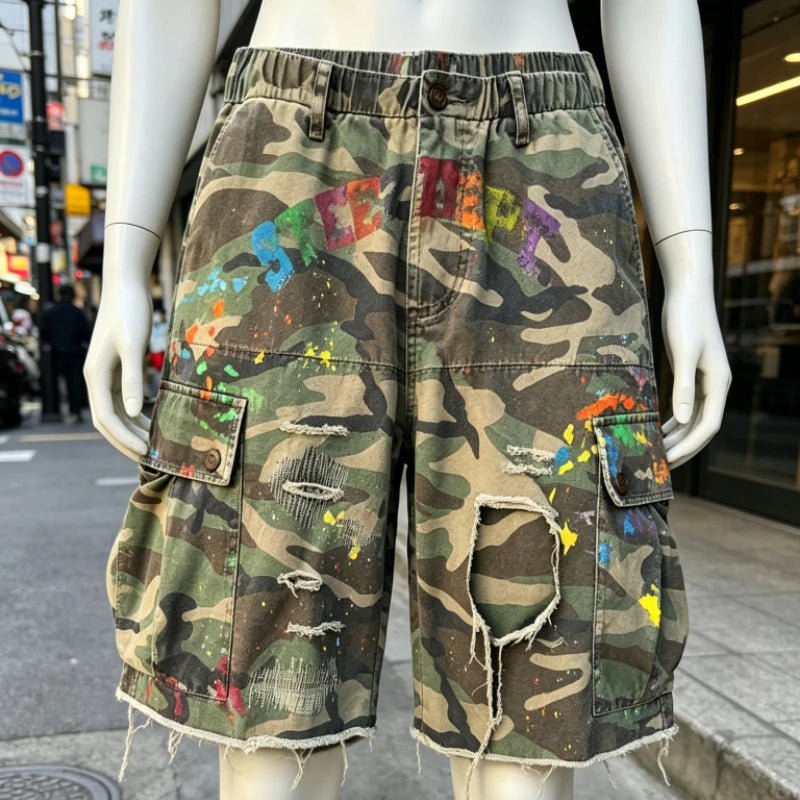 Y2K Camo Paint Baggy Cargo Shorts