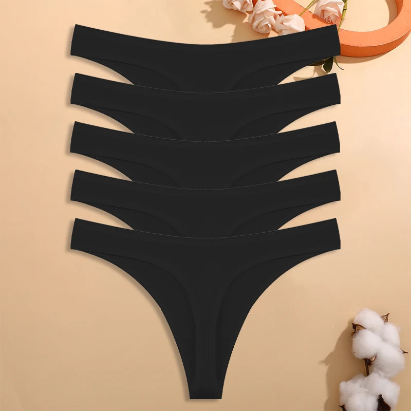 5PCS/Set Women Cotton Thongs Seamless Low Rise Underwear Sexy V-Waist Breathable T-Back Solid Color Girls Comfortable Lingerie