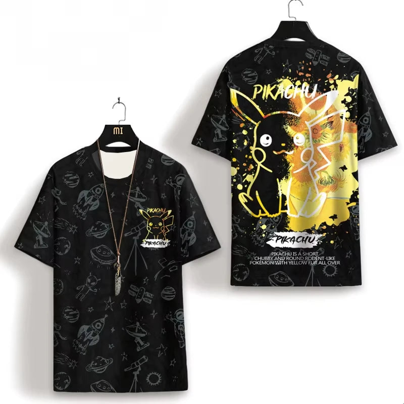 Hot Sale Bandai 2026 Anime Summer Pikachu Cartoon Printed Quick Drying Breathable Comfortable Parent Child Short Sleeve T-shirt