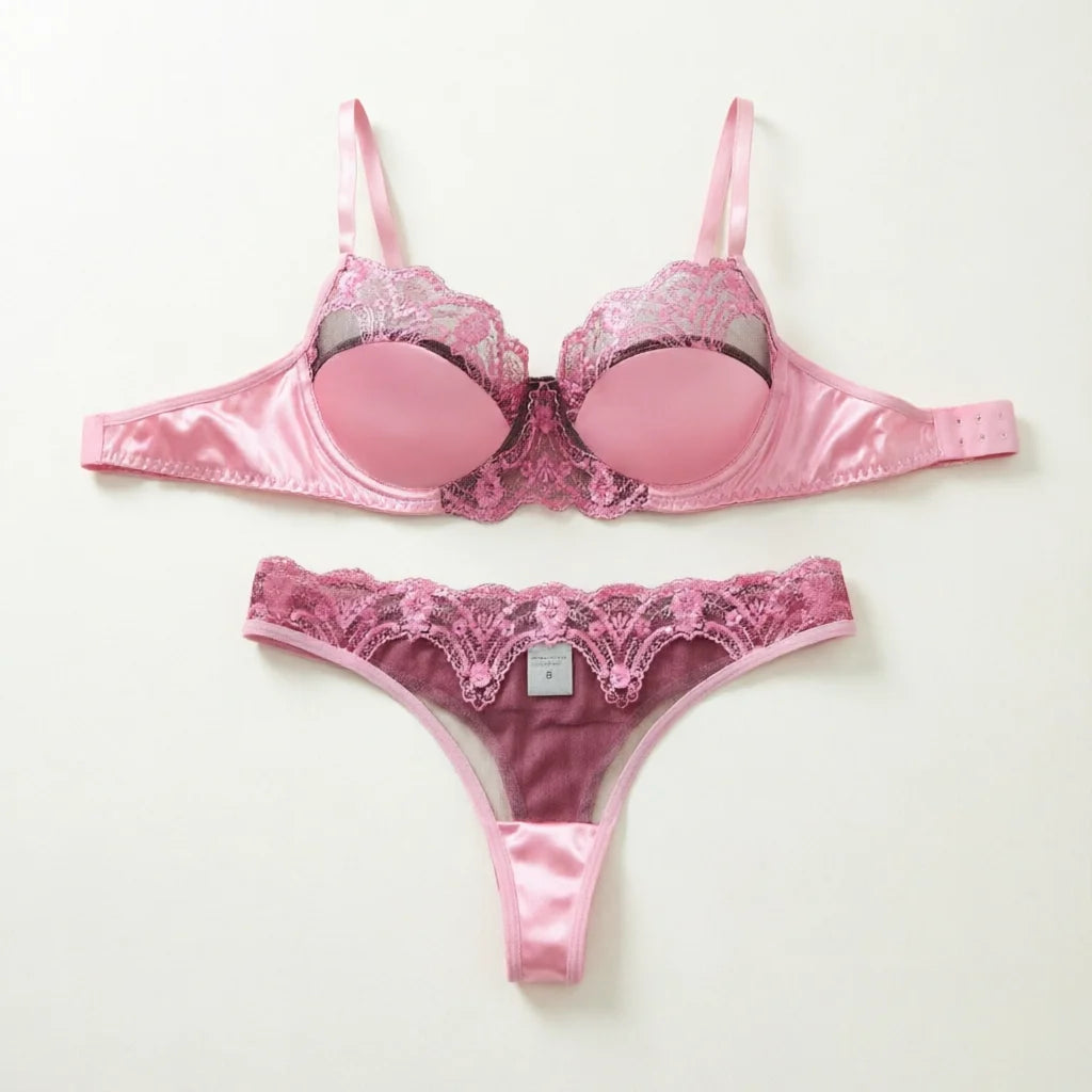 Pink Floral Satin Bra & Thong Set