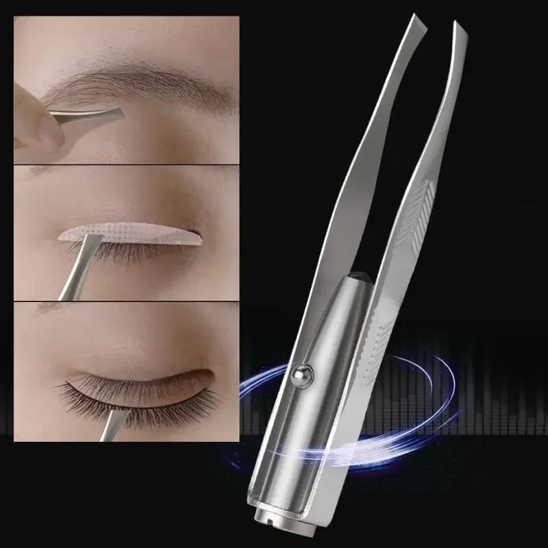 Portable Stainless Steel Led Make Up LED Light Eyelash Eyebrow Clip Tweezer Set Smart Design Hair Remove Tweezer Makeup Tool