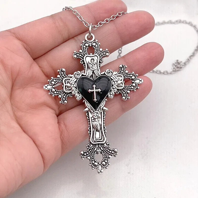 Y2K Gothic Big Cross Necklace Pink Black Red Heart Irregular Goth Large Cross Pendant Necklaces for Men Women Couple Jewelry