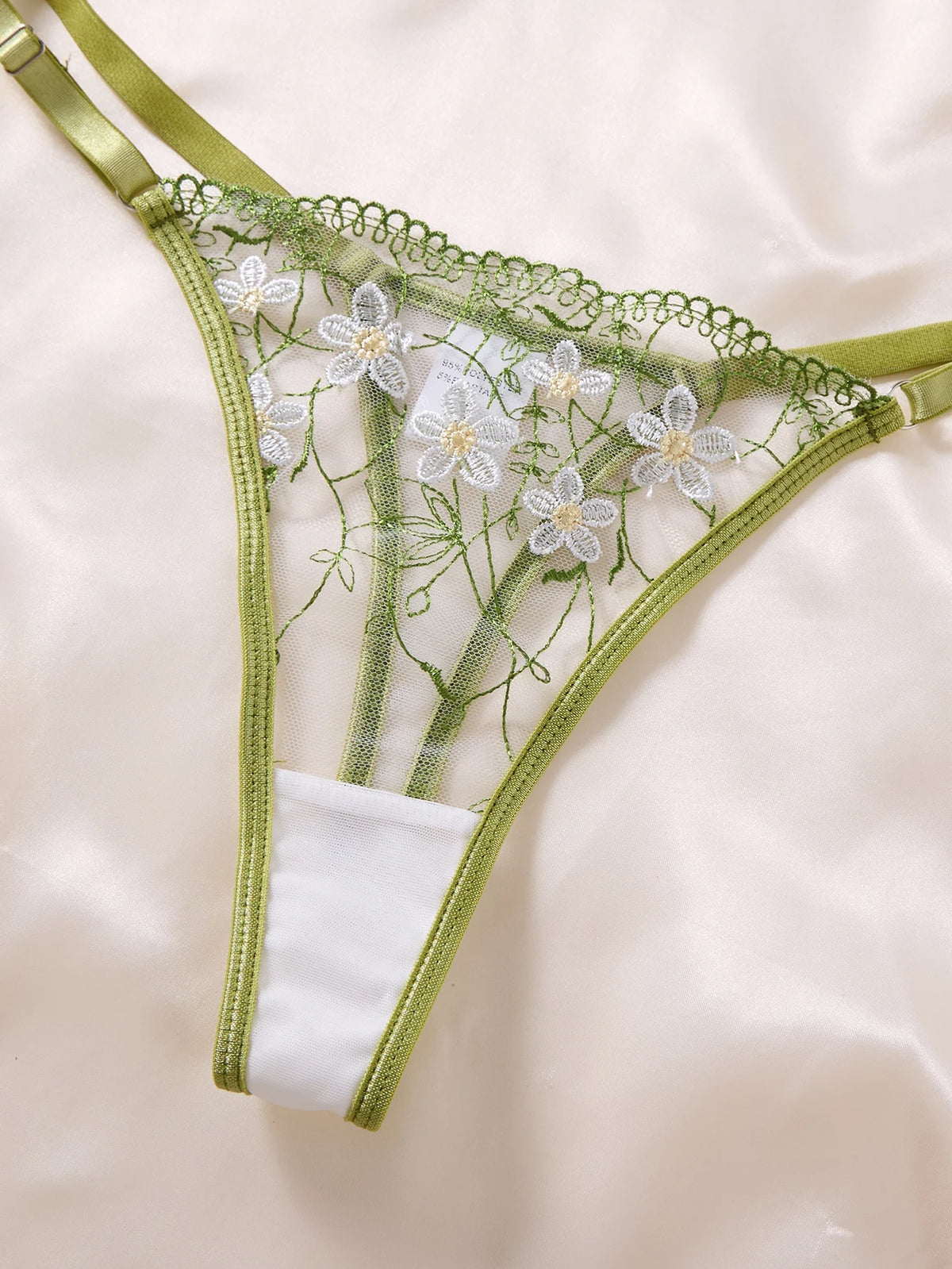 Green Floral Embroidered Bra & Thong Set