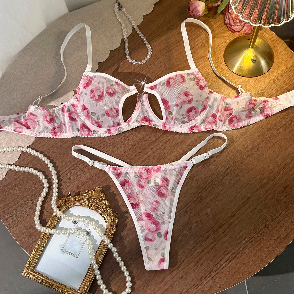 Women's Pink Rose Sheer Mesh Bra & Thong Set