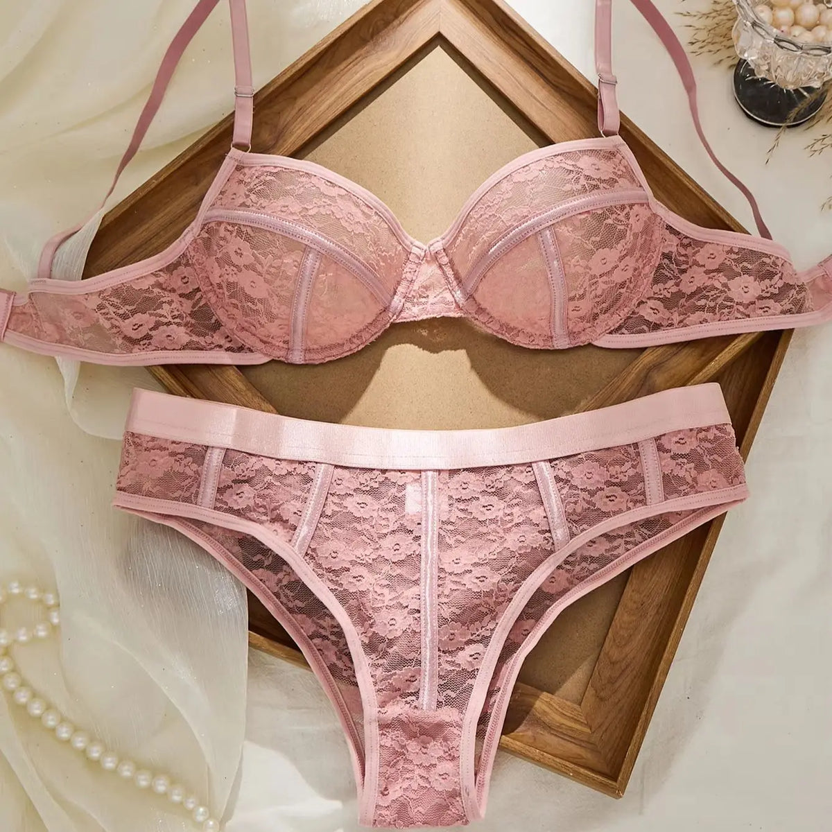 Women's Pink Lace Mesh Bra & Panty Set