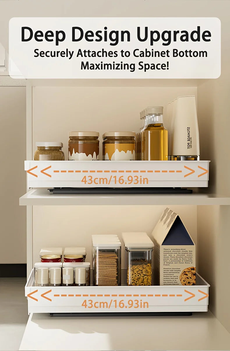 No-Drill Magic Tray Heavy-duty slide-out organizer for cabinets/sinks. Easy install, huge space saver! Perfect for tiny homes
