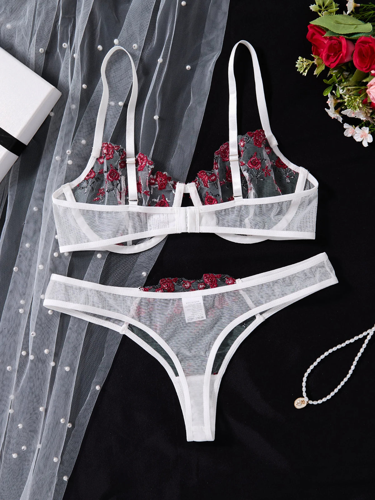 White Rose Embroidered Lace Bra & Thong Set