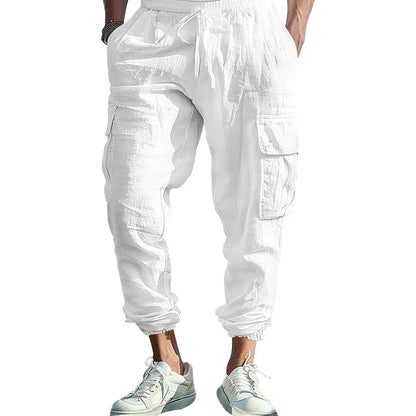 Amazon Cross-Border Cotton and Linen Tied Feet Multi-Pocket Tether Solid Color Loose Drawstring Trousers