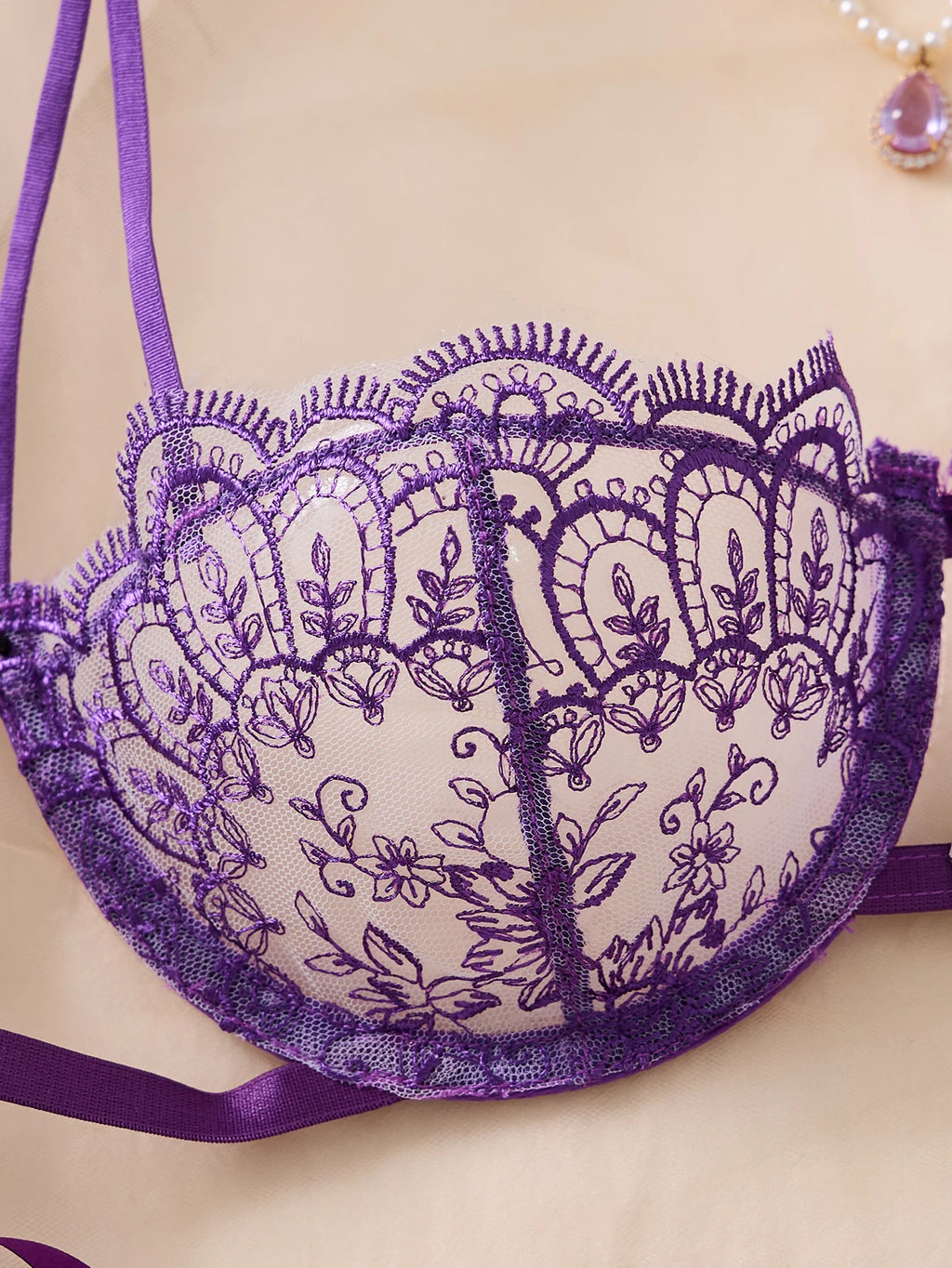 Purple Floral Embroidered Bra & Tie-Side Thong Set