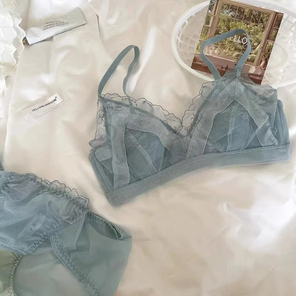 Sexy Lingerie Set Women's French Super Fairy Lace Mesh Thin Cup Rabbit Ear Cup Anti Bump Anti Sag Underwired Bra