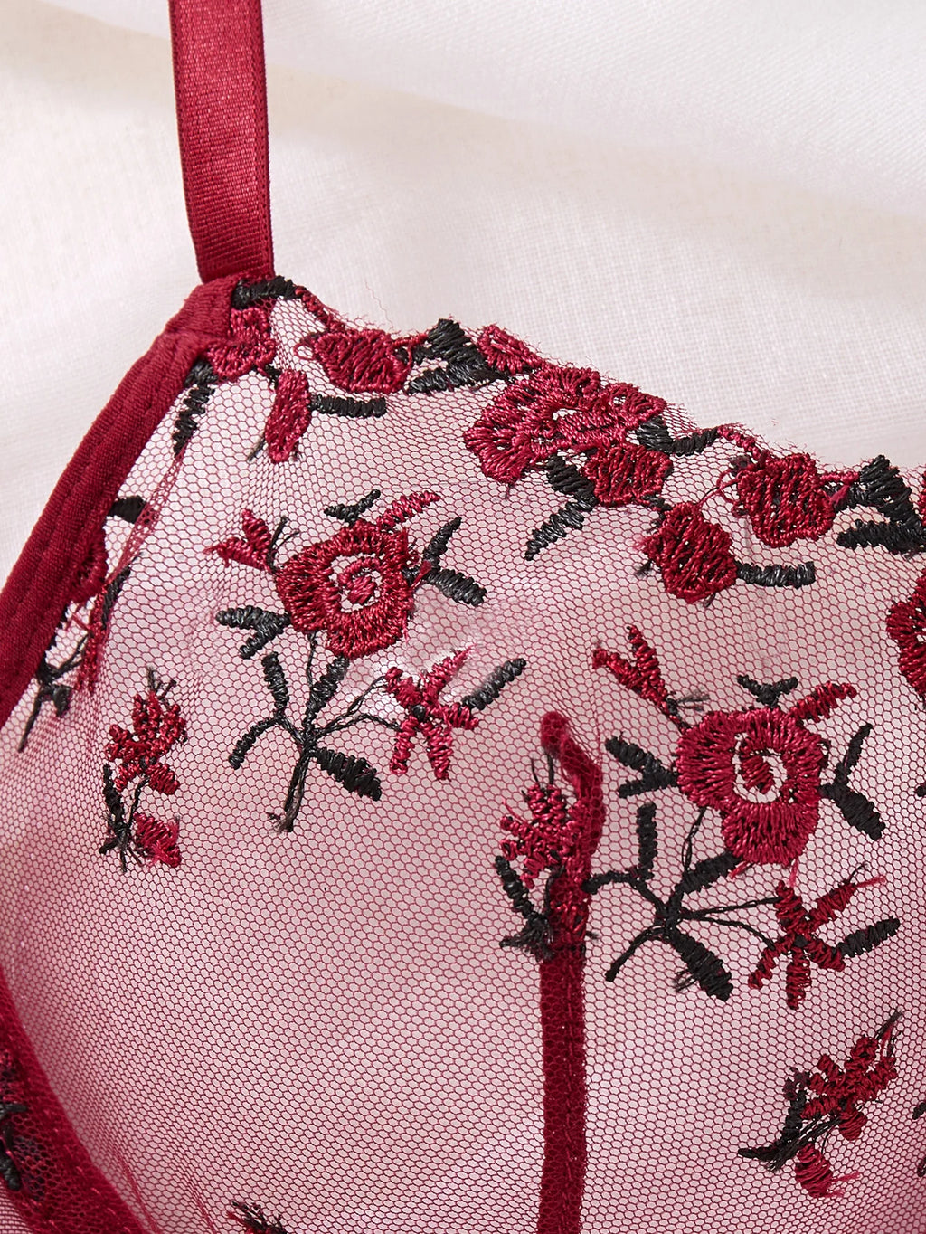 Wine Red Floral Embroidered Bra & Thong Set