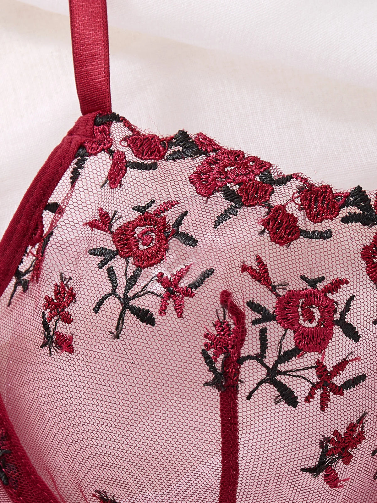 Wine Red Rose Embroidered Bra & Thong Set