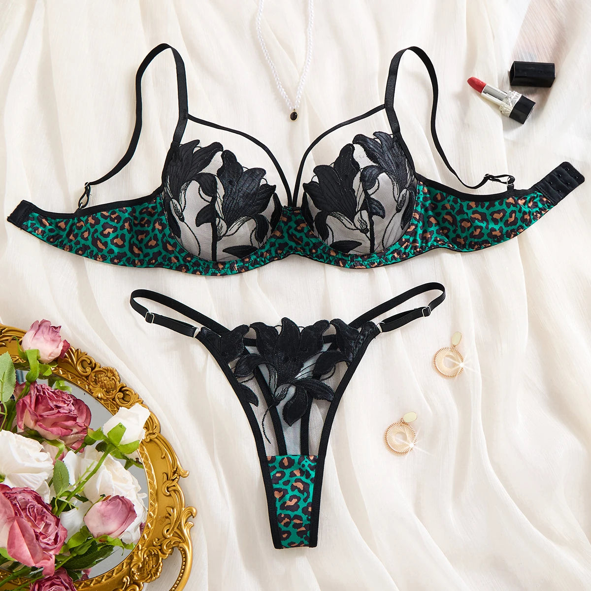 Green Leopard Floral Embroidered Bra & Thong Set