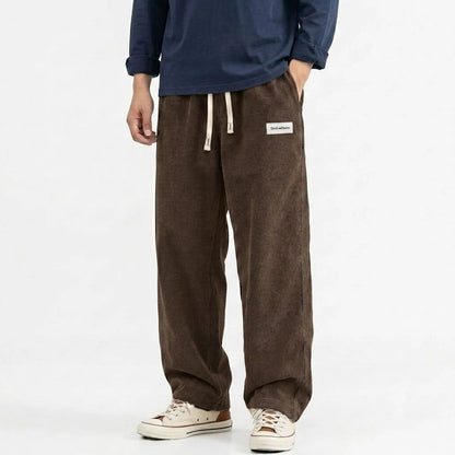 Men's Solid Corduroy Baggy Pants Casual Loose Straight Leg Trousers Elastic Waist Drawstring Streetwear Male Autumn Bottoms Man