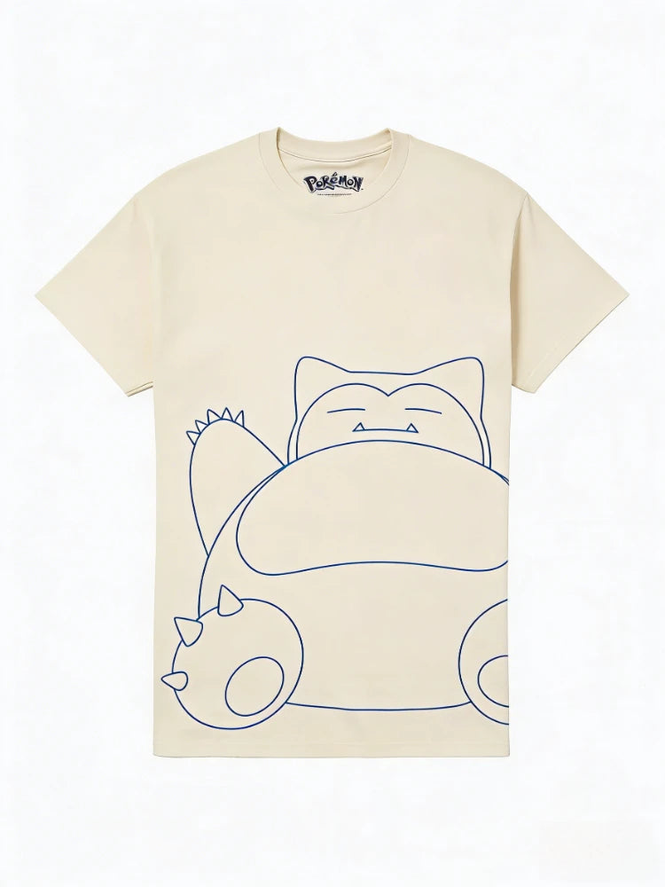 Bandai New Pocket Snorlax Line Art Print High Quality Fashion Men's Short Sleeve Parent-Child Loose Comfortable T-Shirt