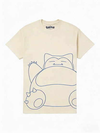 Bandai New Pocket Snorlax Line Art Print High Quality Fashion Men's Short Sleeve Parent-Child Loose Comfortable T-Shirt