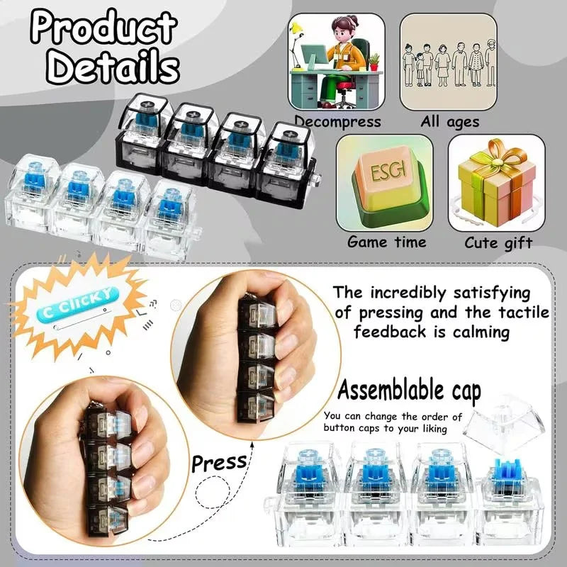 1PC Light Up Keyboard Keychain Stress Relief Clickable LED Button Toy for People with Anxiety Office Desk Accessory