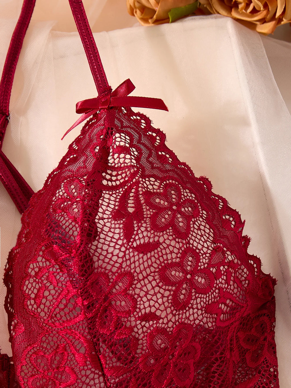 Red Lace Mesh Halter One-Piece