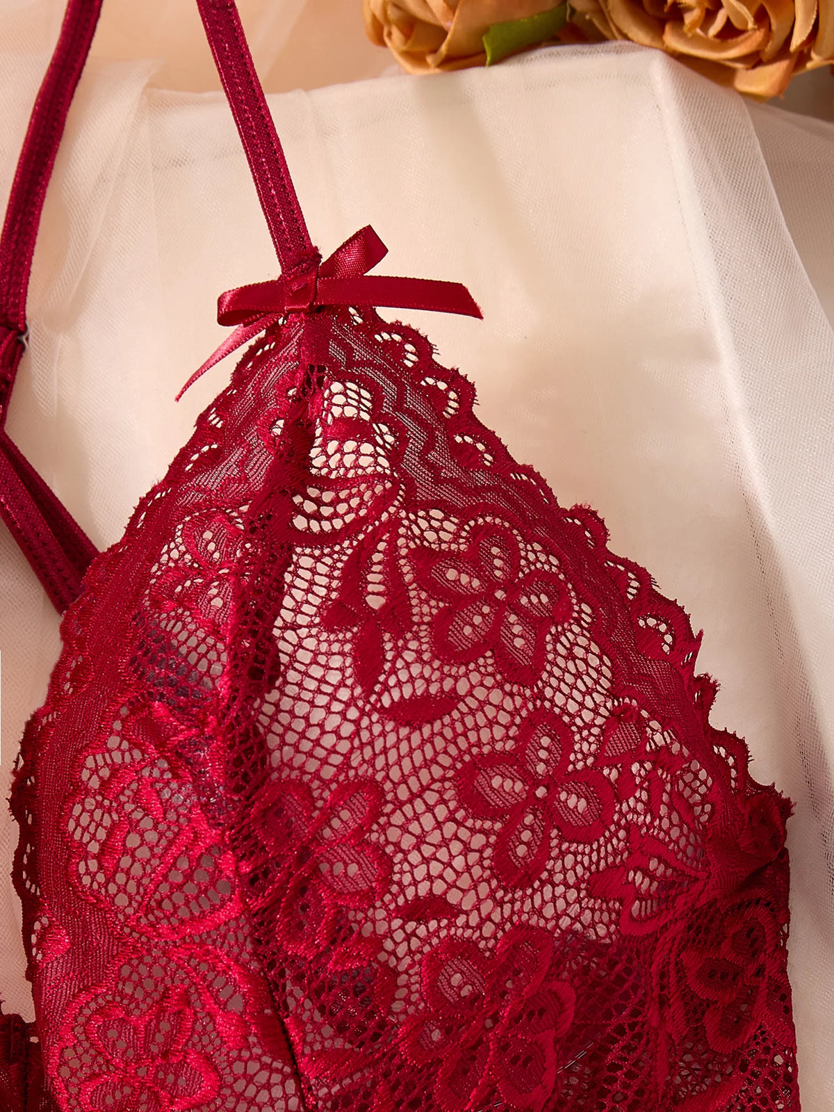 Red Lace Mesh Halter One-Piece