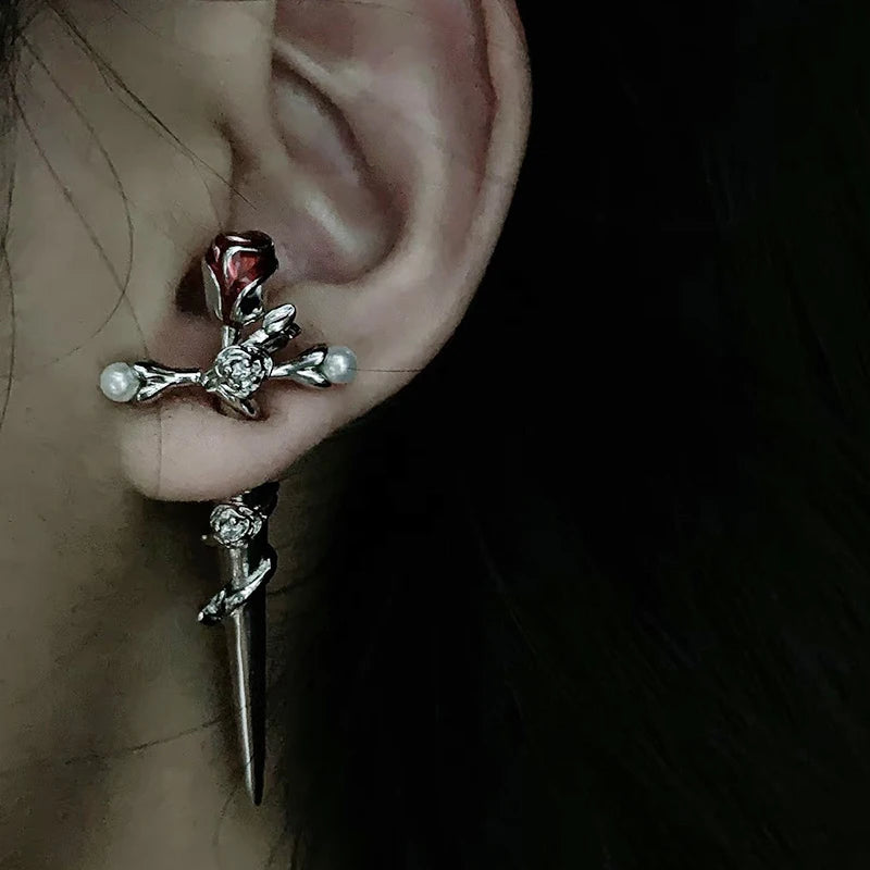 Gothic Red Rose Flower Cross Piercing Earrings Harajuku Kpop Dark Thorn Rose Stud Earring Grunge Girl Cross Sword Jewelry Party