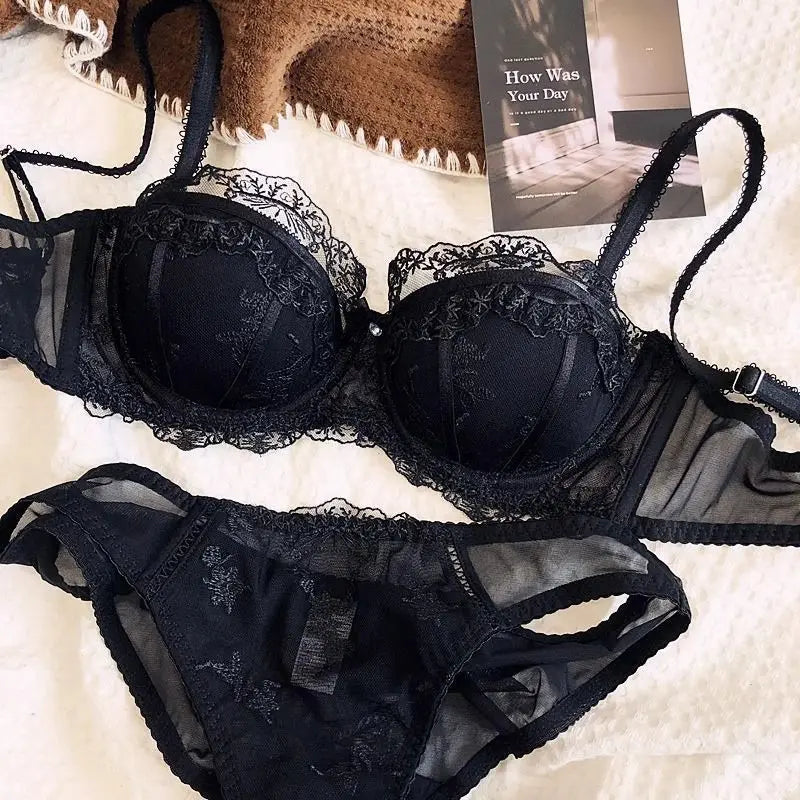 Women's Embroidered Lace Support Bra Set