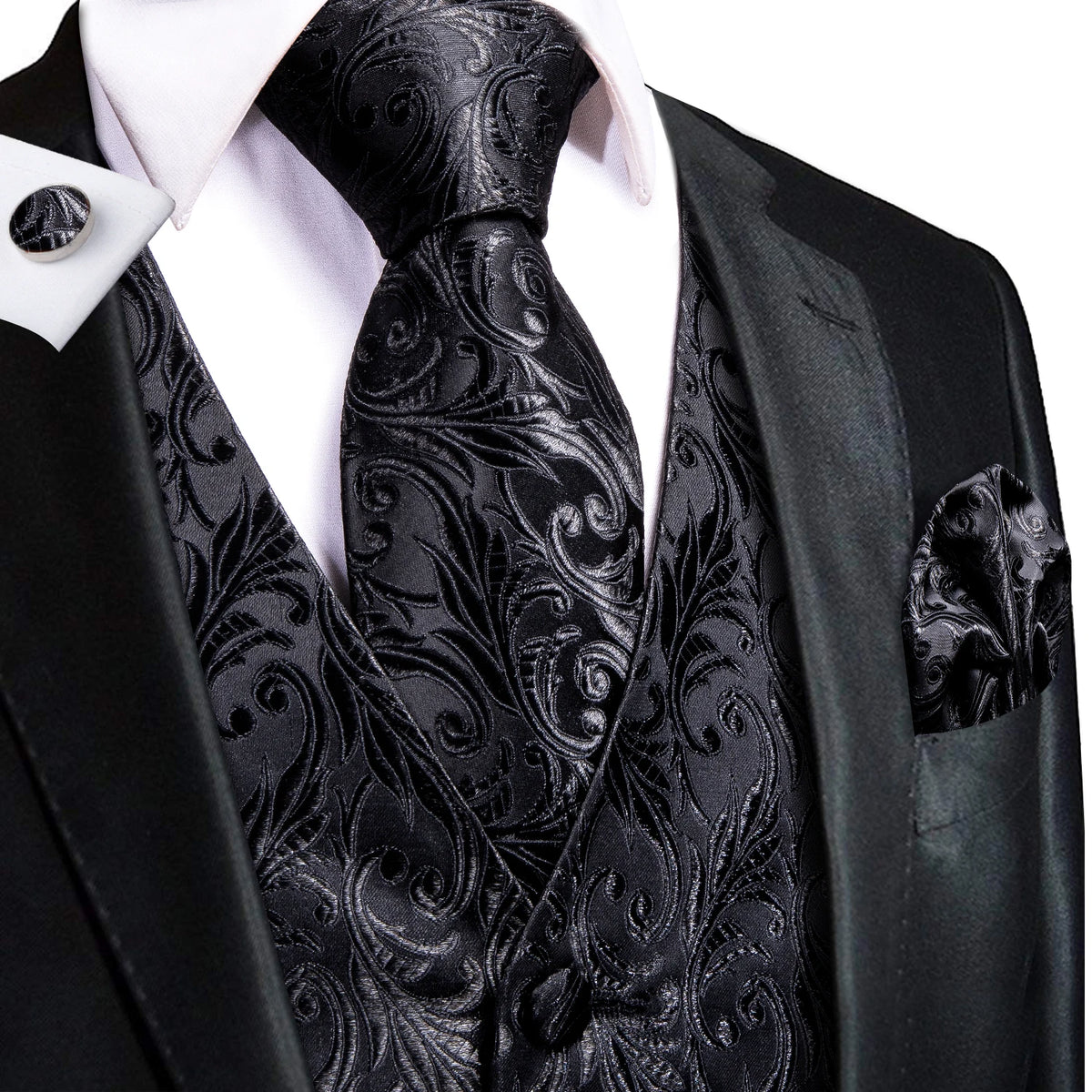 Men's Black Dress Vest Set with Tie Pocket Square Cufflinks - Jacquard Formal Tuxedo Waistcoat Suit Wedding Business Party
