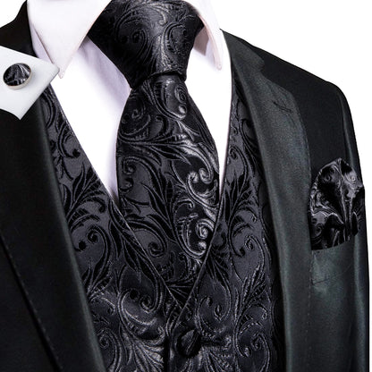 Men's Black Dress Vest Set with Tie Pocket Square Cufflinks - Jacquard Formal Tuxedo Waistcoat Suit Wedding Business Party