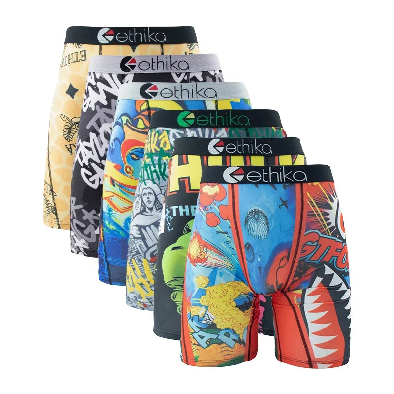 ETHIKA 6Pcs Men Underwear Boxers Breathable Mesh Man Swimming Underpants Plus Size Printed Mens Panties Sexy Men's Boxershorts