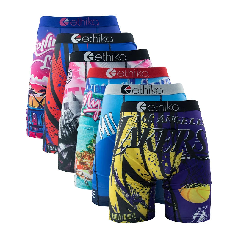 ETHIKA 6Pcs Men Underwear Boxers Breathable Mesh Man Swimming Underpants Plus Size Printed Mens Panties Sexy Men's Boxershorts