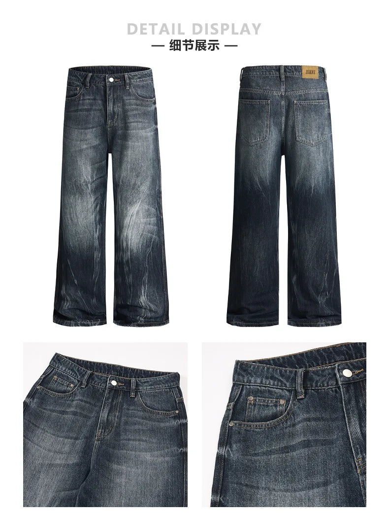 IEFB Men's American Style Denim Pants Washing Tie Dying Contrast Color Casual Wide Leg Flared Trousers Autumn Male Jeans 9W4182