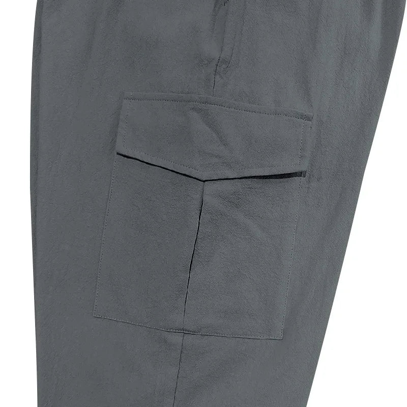 Amazon Cross-Border Cotton and Linen Tied Feet Multi-Pocket Tether Solid Color Loose Drawstring Trousers