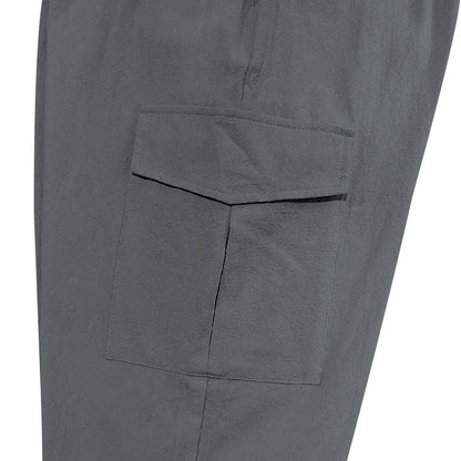 Amazon Cross-Border Cotton and Linen Tied Feet Multi-Pocket Tether Solid Color Loose Drawstring Trousers