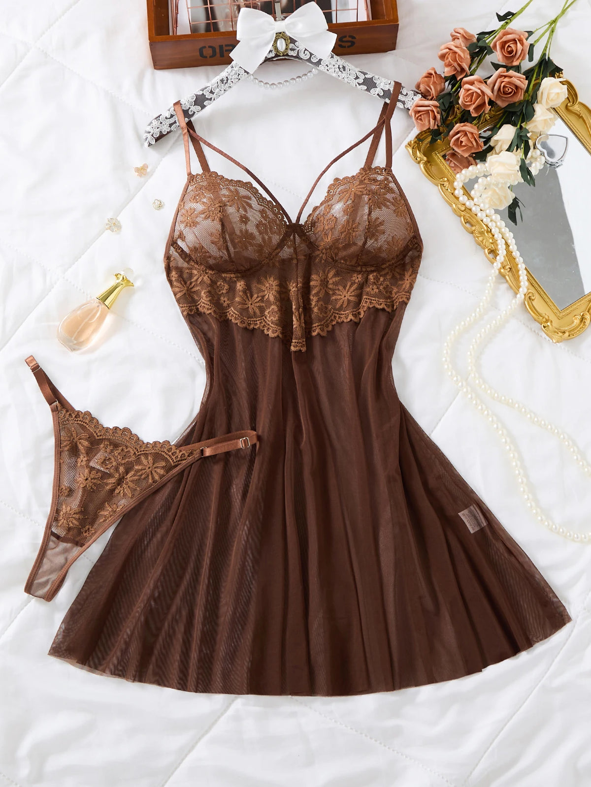 Coffee Floral Lace Nightgown Set