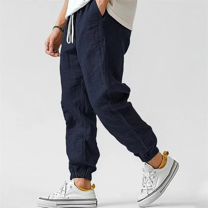 Men's Casual Pants Daily Wear Solid Summer Full Length Soft Linen Pants Mid Waist Pocket Drawstring Trousers Streetwear Bottoms