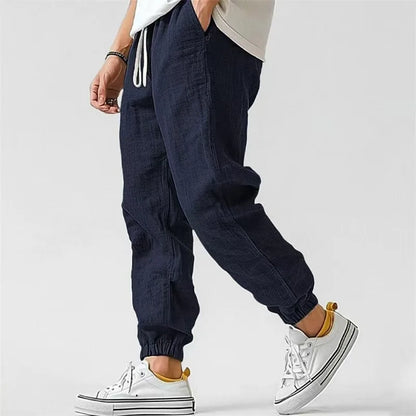 Men's Casual Pants Daily Wear Solid Summer Full Length Soft Linen Pants Mid Waist Pocket Drawstring Trousers Streetwear Bottoms