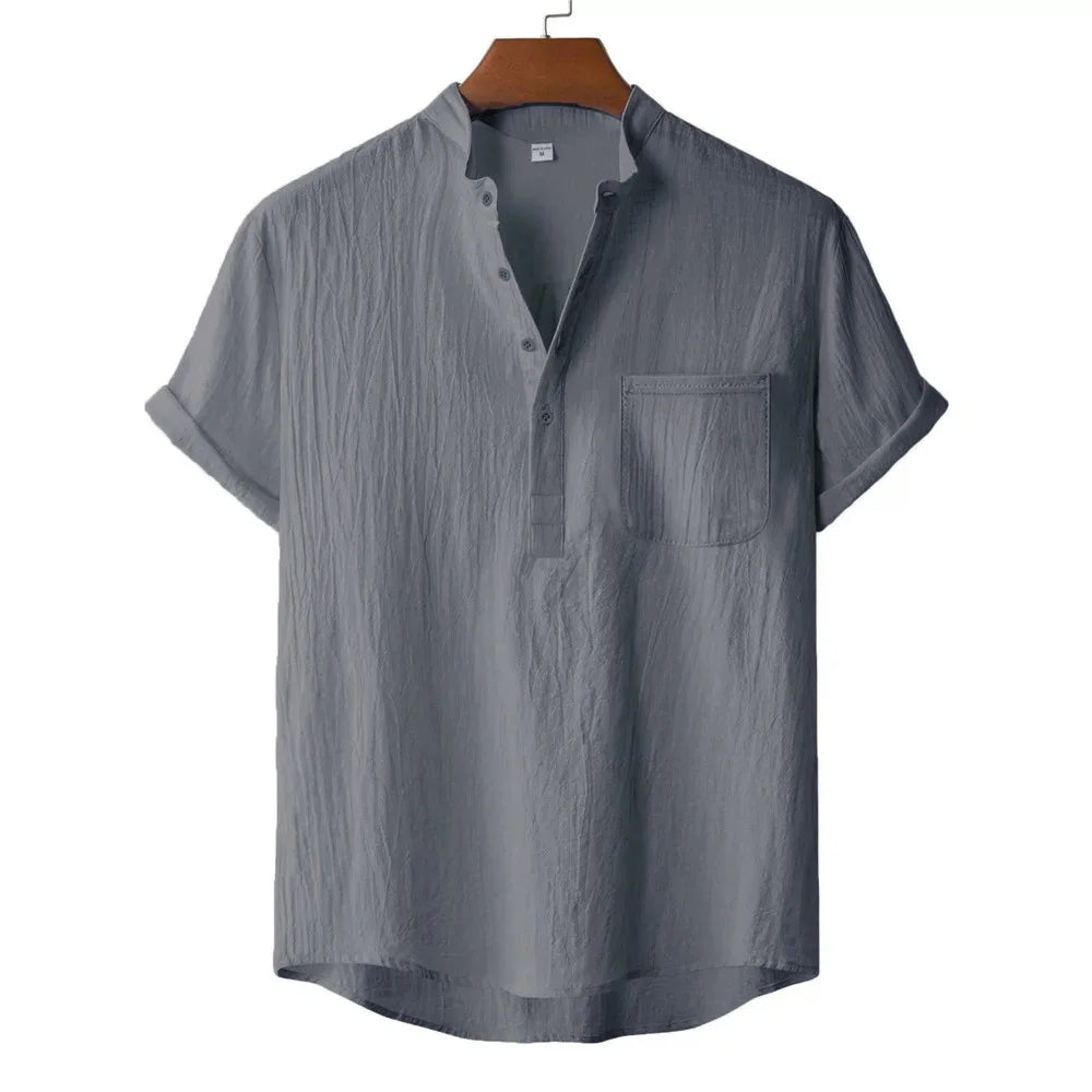 Men's Summer Cotton Linen T-shirt Beach Style Short SLeeve Henley Neck Vacation Hawaii Casual Lightweight Breathable Cozy Tops