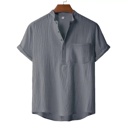 Men's Summer Cotton Linen T-shirt Beach Style Short SLeeve Henley Neck Vacation Hawaii Casual Lightweight Breathable Cozy Tops