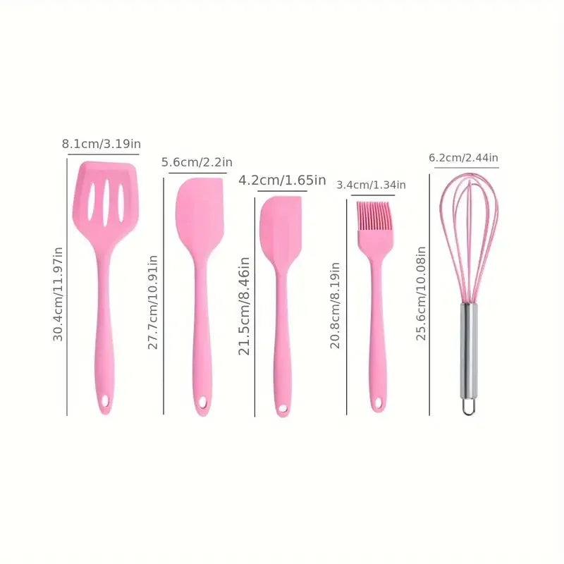 5pcs Colorful Silicone Kitchen Utensil Set Large Scraper Small Scraper Mixer Oil Brush Long Spatula Color Baking Kitchen Tools