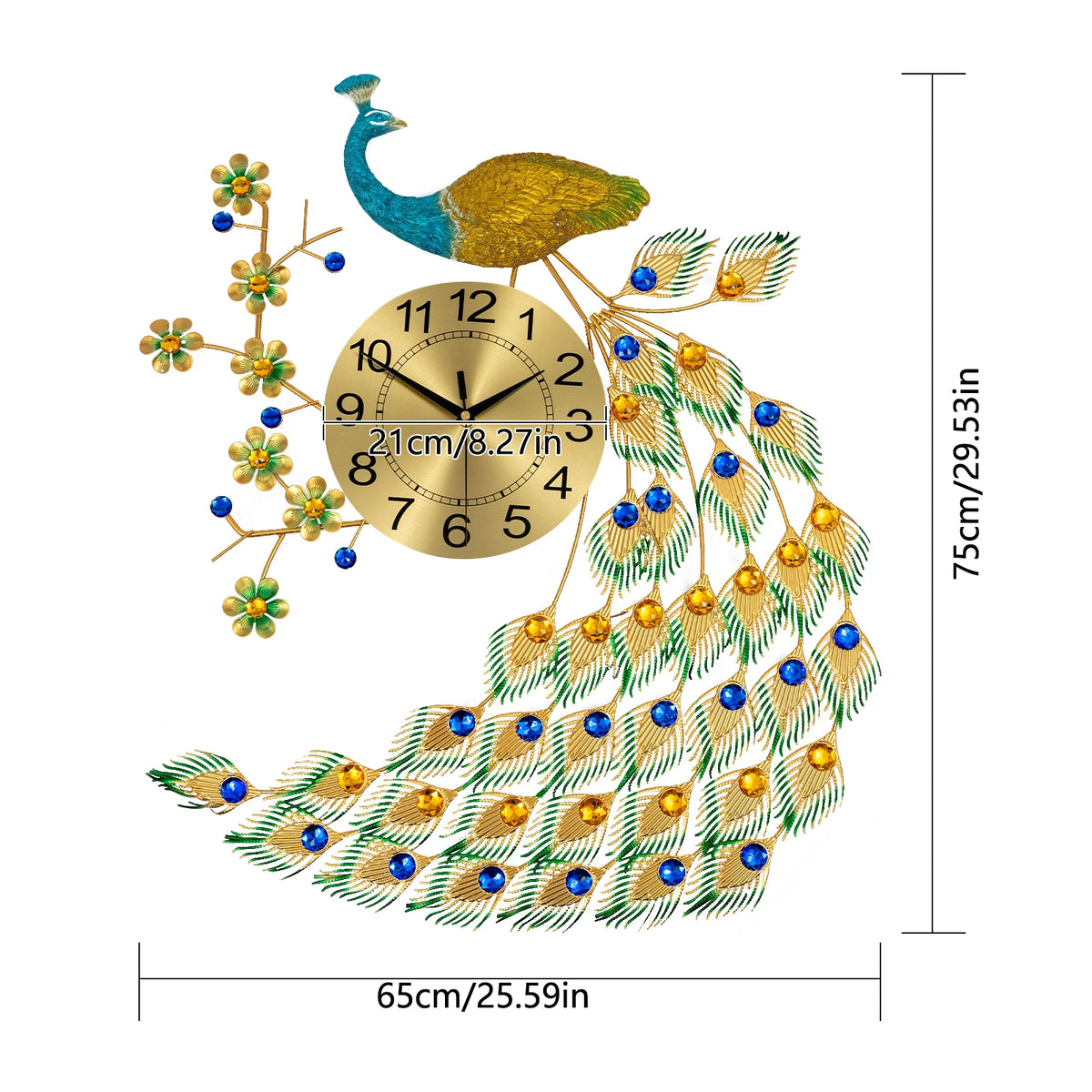 75x65cm Wall Clock, Home Decorative Clock, Peacock Design Iron Acrylic Aluminum Durable Elegant Symbol for Living Room Bedroom Kitchen Entryway