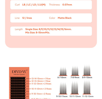 DIYDAY Layered Camellia Eyelashes LB LC LD LU(M) Fluffy Bloom Mink False Lashes Multi-layer Easy Fan Eyelash Extension