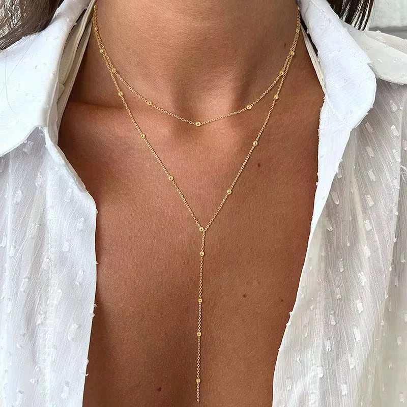 Stainless Steel Lariat Necklace Gold Plated, Dainty Long Necklace Laryered Necklaces For Women Girls, Y Shape Drop Pendant