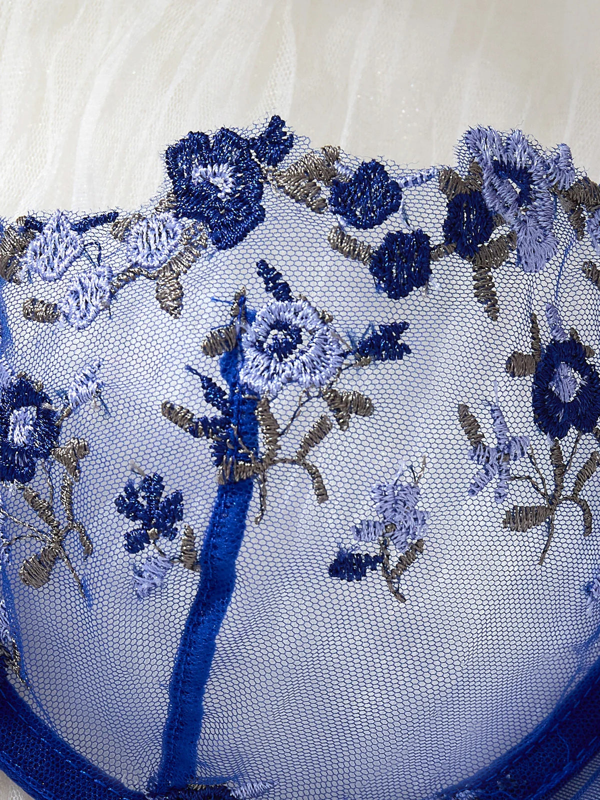 Blue Floral Embroidered Underwire Bra & Thong Set