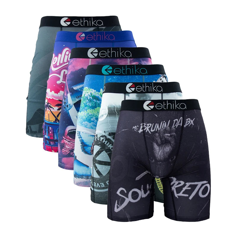 ETHIKA 6Pcs Men Underwear Boxers Breathable Mesh Man Swimming Underpants Plus Size Printed Mens Panties Sexy Men's Boxershorts