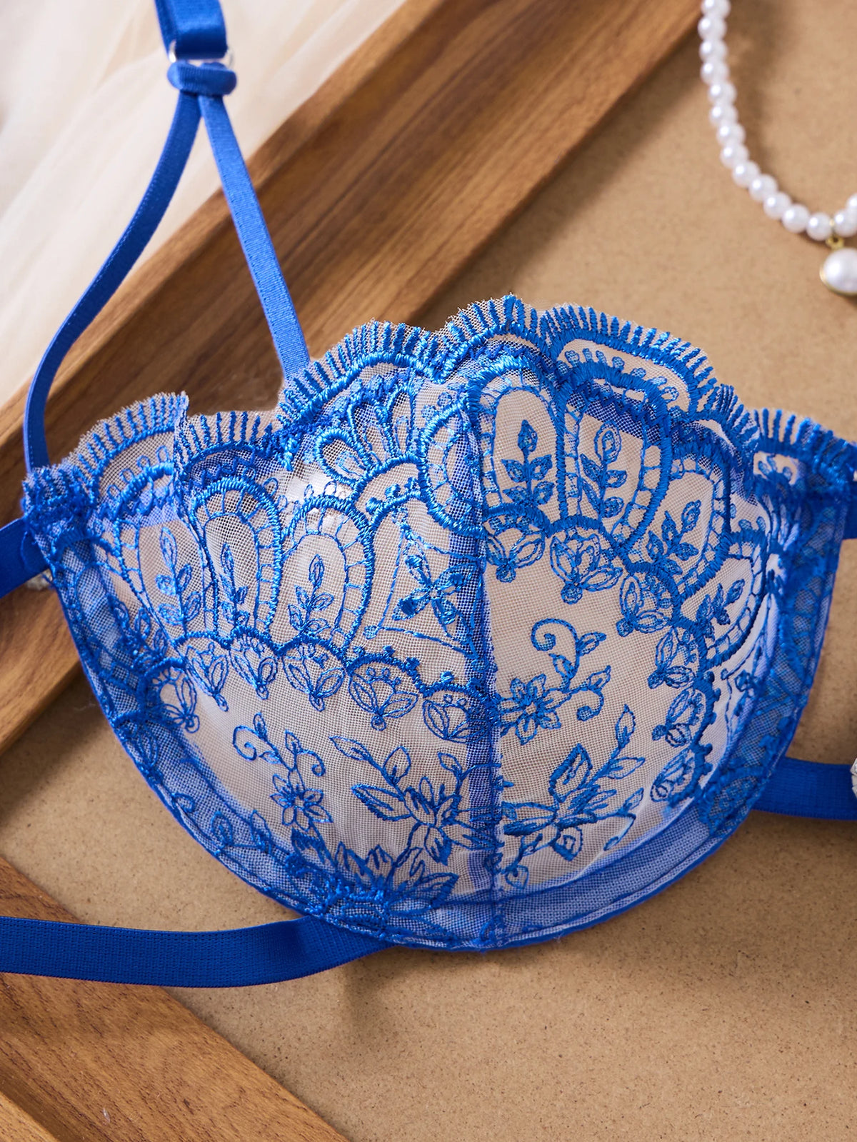 Blue Floral Embroidered Bra & Tie-Side Thong Set