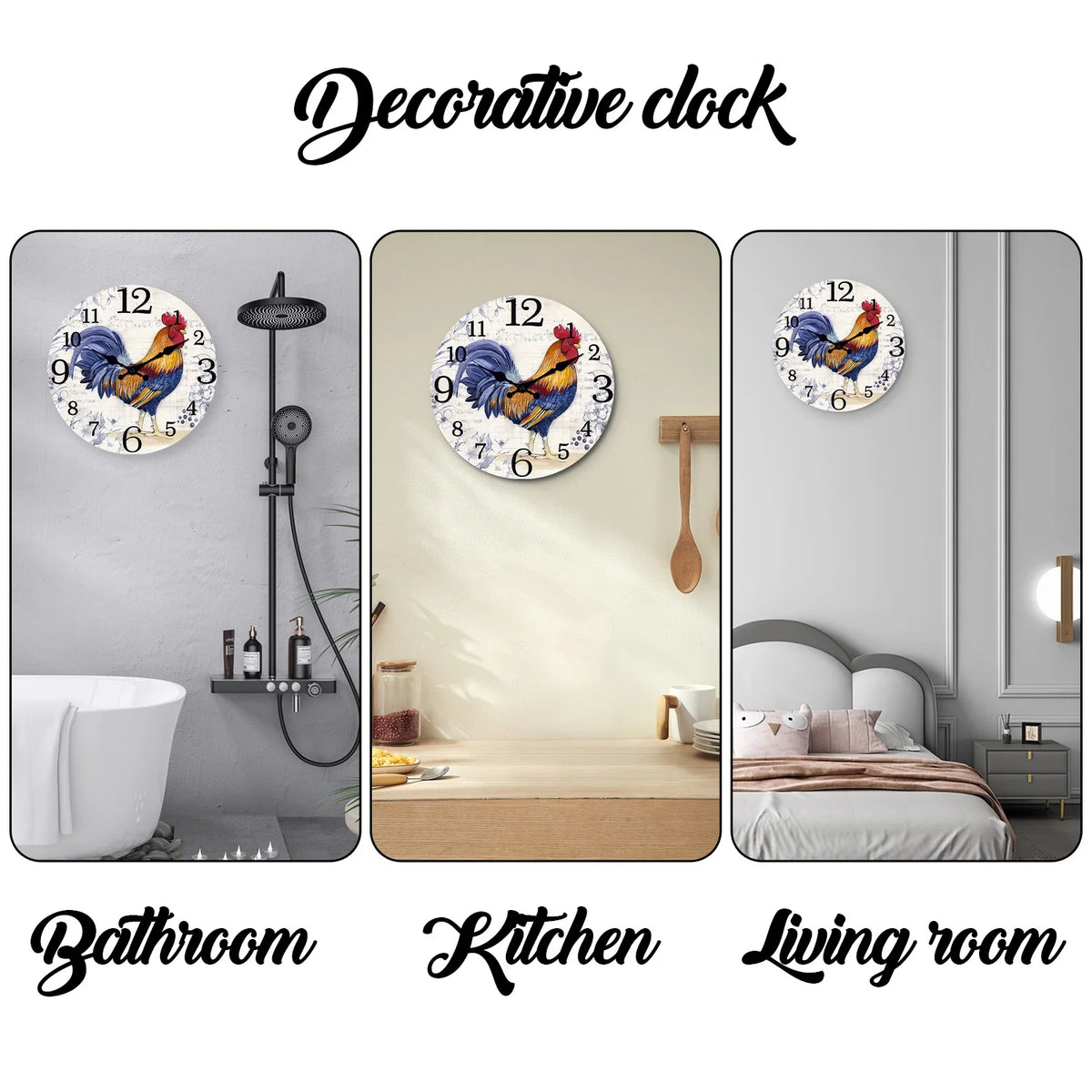 Fashionable Rooster Pattern Wooden Wall Clock for Living Room, Bedroom, Kitchen, Home Decoration, Silent Quartz Clock, Holiday Gift, 10 Inches, 12 Inches (No Battery)