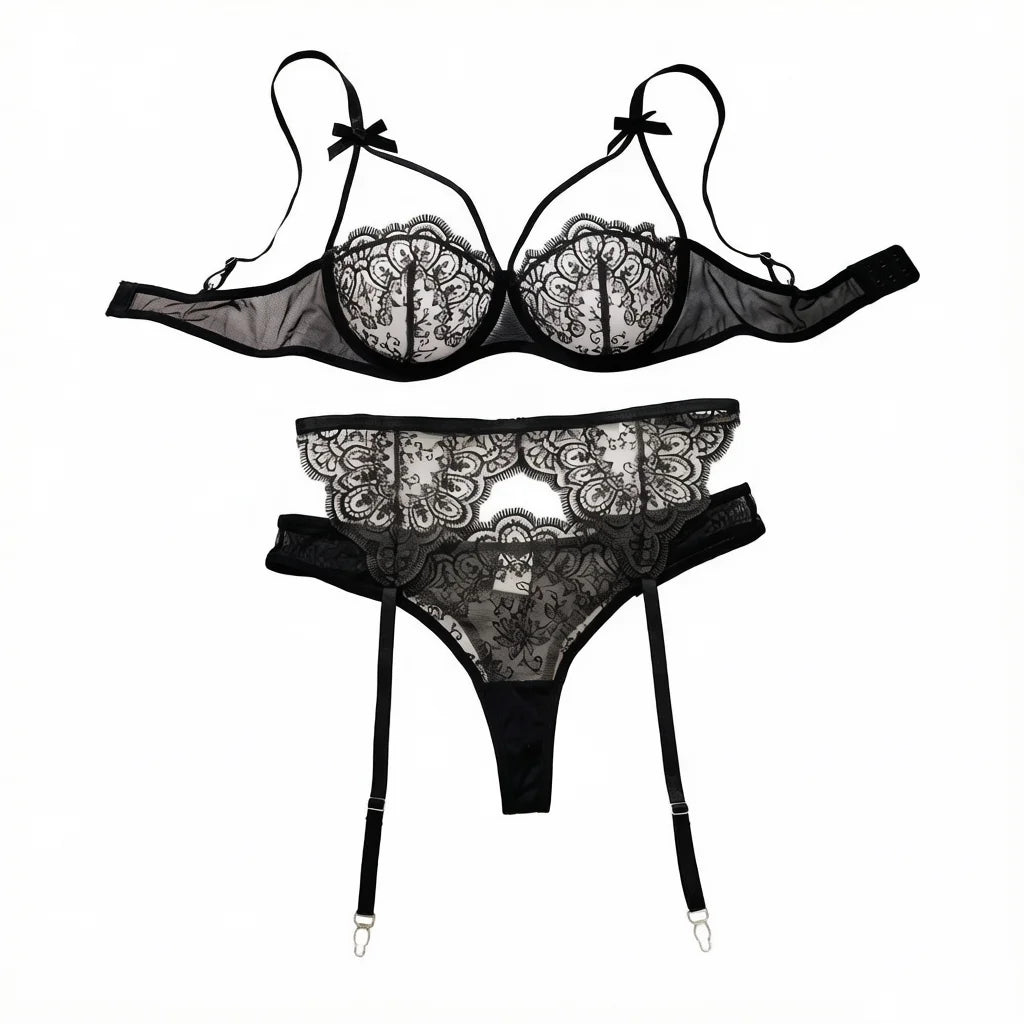 Black Floral Embroidered 3-Piece Garter Lingerie Set