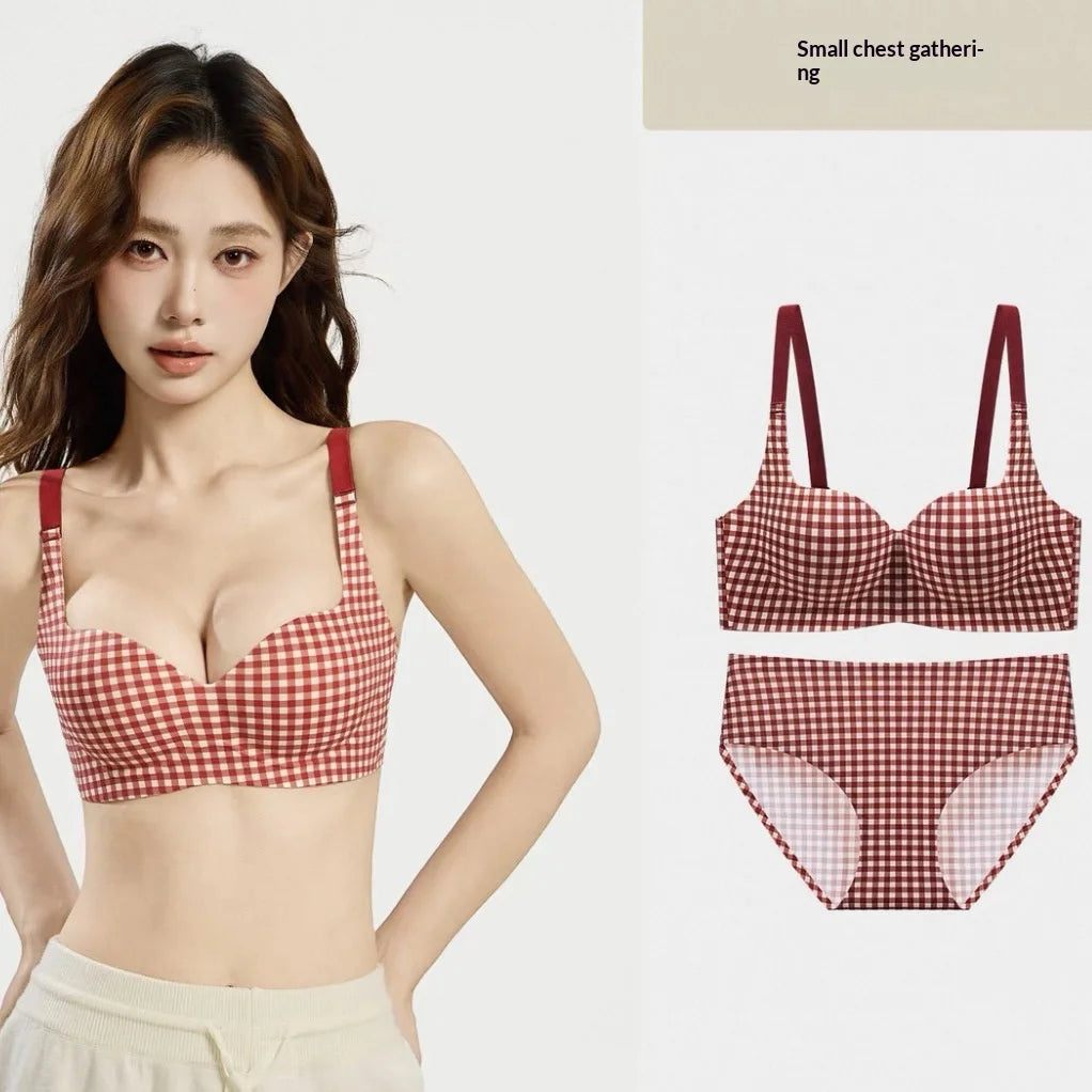 Seamless One-Piece Plaid Bra Set, Gathers Small Breasts, Makes Them Look Bigger, Lifts, Comfortable Wireless Underwear Set