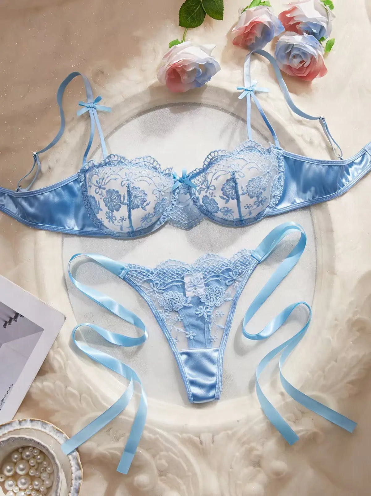 Women's Satin Floral Embroidered Lingerie Set