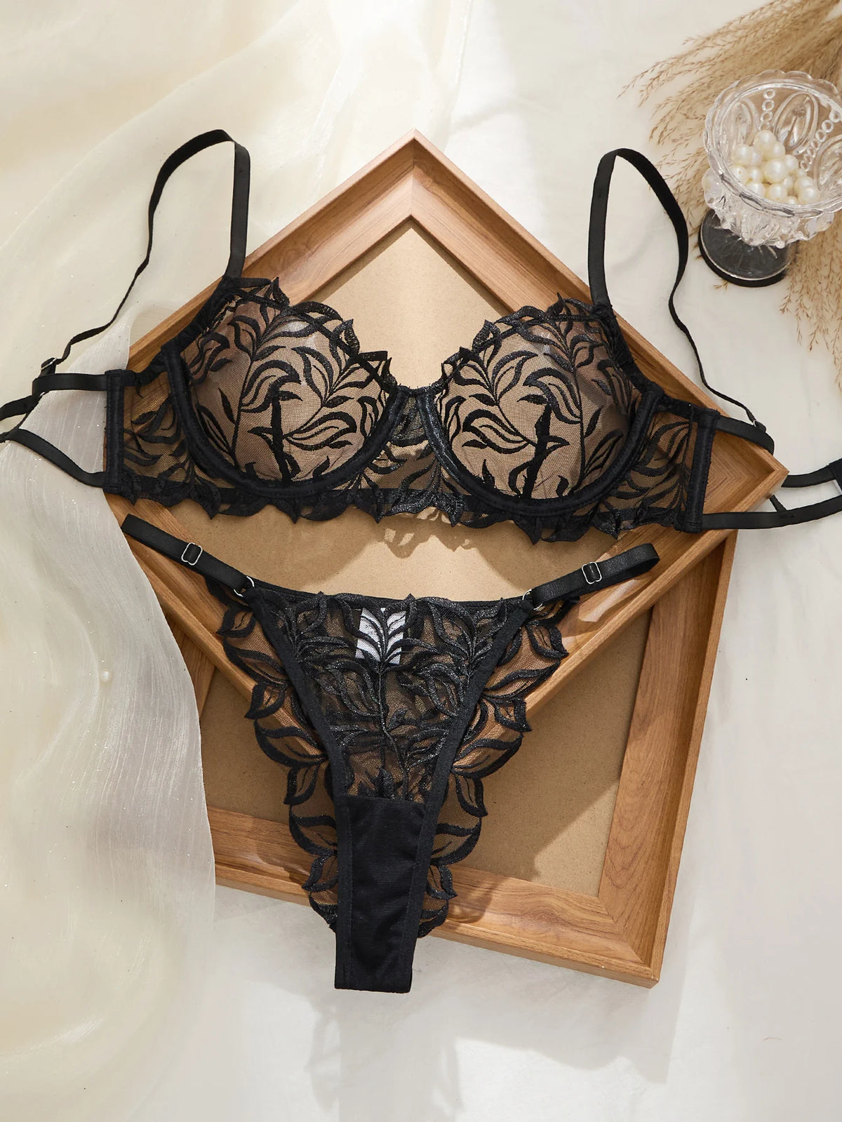 Women's Embroidered Sheer Bra & G-String Set